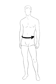Illustrazione di una figura maschile con una freccia che punta alla vita, indicando la circonferenza della vita. La figura è rappresentata con dettagli minimali e monocromatici.