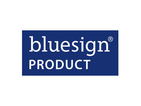 Logo del prodotto Bluesign con testo bianco su sfondo rettangolare blu scuro. La parola "bluesign" è in minuscolo e "PRODUCT" è scritta in maiuscolo sotto.