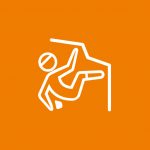 Symbol einer kletternden Person, dargestellt mit weißen Linien auf orangefarbenem Hintergrund. Die Figur ist mit einem ausgestreckten Arm und einem ausgestreckten Bein dargestellt, was auf eine aktive Kletterbewegung hinweist.