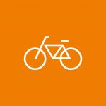 Ein weißes Fahrradsymbol auf orangefarbenem Hintergrund.