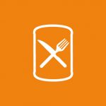 Symbol einer weißen Dose mit gekreuzter Gabel und Messer auf orangefarbenem Hintergrund.