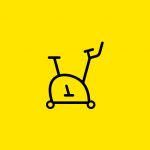 Symbol eines stationären Heimtrainers mit schwarzer Umrandung auf gelbem Hintergrund.