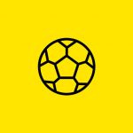 Schwarzes geometrisches Design, das einem Fußball ähnelt, auf einem leuchtend gelben Hintergrund.