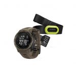 Eine Garmin-Smartwatch mit robustem, taktischem Design in Braun, die verschiedene Messwerte anzeigt. Dazu kommt ein schwarzes Garmin-Herzfrequenzmessgerät mit grünem Akzent, das sich neben der Uhr befindet.