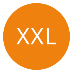 Cerchio arancione con la scritta "XXL" in lettere bianche al centro.