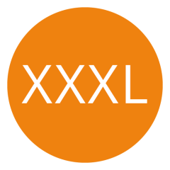 Cerchio arancione con il testo "XXXL" in bianco, centrato nel cerchio.