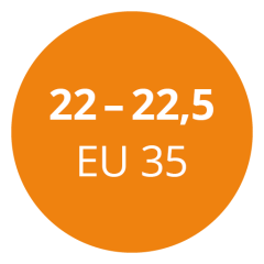 Un cerchio arancione con testo bianco che indica "22 - 22,5 EU 35".