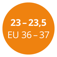 Cerchio arancione con testo bianco che indica le taglie di scarpe: "23-23,5" e "EU 36-37".