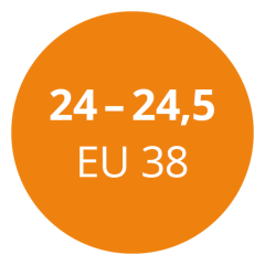 Cerchio arancione con testo bianco che indica "24 - 24,5 EU 38" come riferimento per la conversione delle taglie di scarpe.