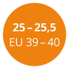 Cerchio arancione con testo bianco che indica le taglie di scarpe: "25 - 25,5" e "EU 39 - 40".