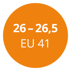 Cerchio arancione con testo bianco per visualizzare le informazioni sulla taglia delle scarpe: "26 - 26,5, EU 41".
