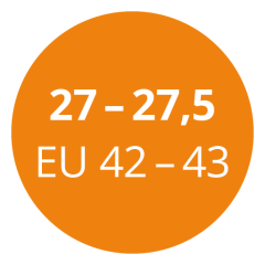 Cerchio arancione con testo bianco che indica l'intervallo di taglie "27 - 27,5" e "EU 42 - 43".