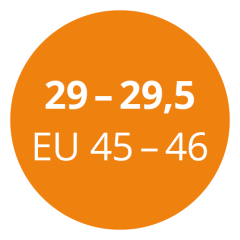 Un cerchio arancione con il testo bianco "29 - 29,5 EU 45 - 46" che indica le taglie di scarpe in centimetri e taglie europee.
