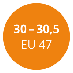 Un cerchio arancione con testo bianco che indica "30 - 30,5 EU 47".