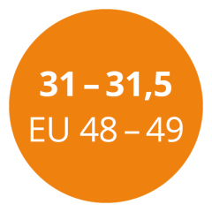 Un cerchio arancione contiene testo bianco con le indicazioni delle taglie "31 - 31,5 EU 48 - 49".