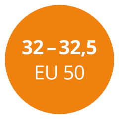 Cerchio arancione con testo bianco con la scritta "32 - 32,5 EU 50".