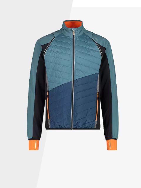 Giacca color block con pannello frontale trapuntato in verde acqua e blu scuro, pannelli laterali neri e dettagli arancioni a contrasto sui polsini e all'interno del collo. La giacca è dotata di chiusura frontale con zip e tasche con zip.