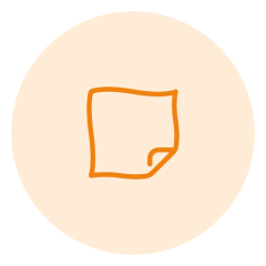 Un semplice contorno arancione di un foglio di carta con un angolo piegato, centrato su uno sfondo circolare color pesca chiaro.