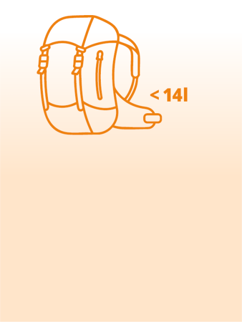 Profilo di uno zaino con la scritta "10-25 l" che indica una capacità dello zaino da 10 a 25 litri; l'immagine ha uno sfondo arancione.