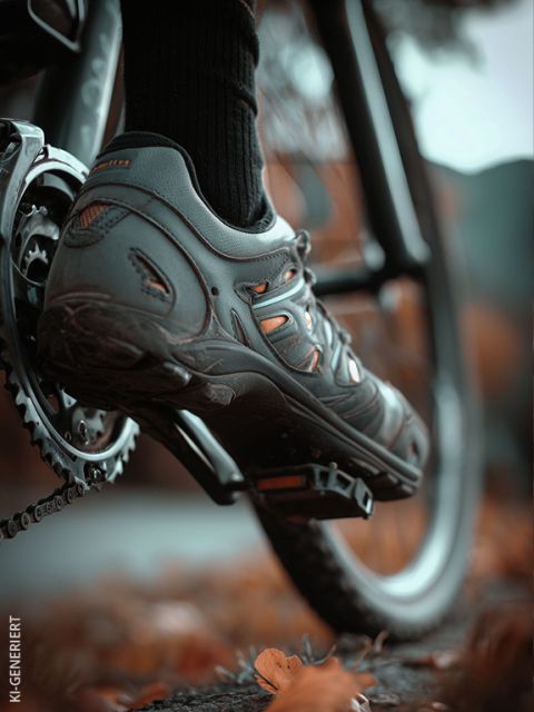 Un primo piano del piede di una persona in una scarpa da ciclismo su un pedale di bicicletta, con foglie autunnali e un paesaggio esterno sfocato sullo sfondo.