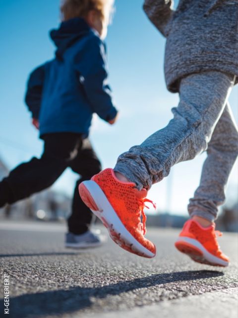 Due persone, un bambino e un adulto, camminano o fanno jogging al tramonto su un sentiero lastricato all'aperto. Il bambino indossa pantaloncini blu e scarpe da ginnastica grigie; l'adulto indossa leggings fantasia e scarpe da ginnastica nere.