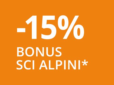 Testo bianco su sfondo arancione con la scritta: "-15% BONUS SCI ALPINO*", che indica un bonus o uno sconto del 15%, probabilmente relativo allo sci alpino.