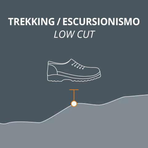 Illustrazione di una scarpa da trekking bassa sopra una linea montuosa stilizzata, con il testo "TREKKING / ESCURSIONISMO LOW CUT" su sfondo grigio.
