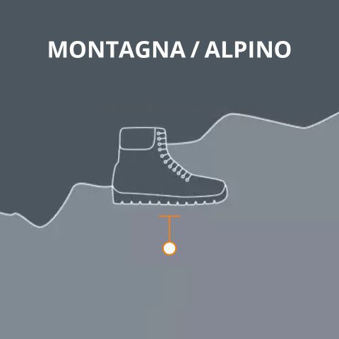 Un'illustrazione semplice di uno scarpone da trekking su un pendio montuoso con la scritta "MONTAGNA / ALPINO" sopra. Un piccolo cerchio arancione e una linea appaiono sotto lo scarpone.