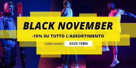 Tre atleti sono in piedi in abbigliamento e attrezzatura sportiva davanti a uno sfondo blu-viola. Il testo giallo in grassetto recita: "BLACK NOVEMBER -15% su tutto l'assortimento" con un codice sconto "GS25-15BN" in un campo evidenziato.