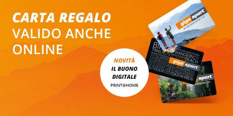 Banner pubblicitario per le carte regalo Giga Sport, con vari motivi di carte e testo in italiano: "Carta regalo valida anche online. Novità: il buono digitale print@home" su uno sfondo montano arancione.