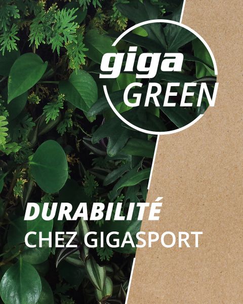 Piante a foglia verde sul lato sinistro, superficie strutturata marrone sul lato destro. Il testo bianco recita: "giga GREEN" in un cerchio e "DURABILITÀ DA GIGASPORT" sotto. L'immagine suggerisce sostenibilità da Gigasport.