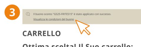 Un cerchio arancione con il numero 3. Una barra di notifica indica che è stato applicato un coupon sconto "G525-FRITES15". Un cursore punta al link "Visualizza le condizioni del buono" sopra la parola "CARRELLO".