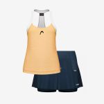 Ärmelloses gelbes Sporttank-Top mit weißen Trägern, gepaart mit dunkelblauen Sportshorts, dargestellt auf einem schlichten weißen Hintergrund.