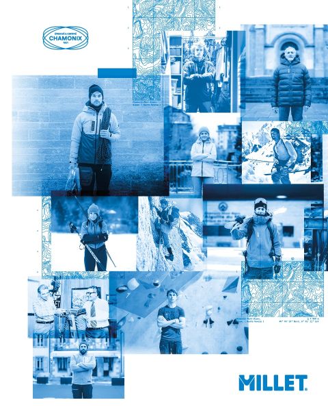Tre escursionisti completamente equipaggiati camminano attraverso un paesaggio montano con cime innevate. In basso si vede una donna con una giacca che si sistema il colletto. Sullo sfondo si vedono le montagne. In basso a destra si vede il logo "Millet".