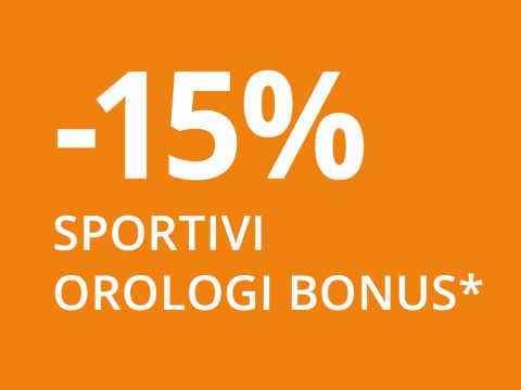 Sfondo arancione con testo bianco che recita: "-15% BONUS OROLOGI SPORTIVI*".