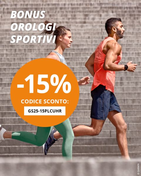 Una donna e un uomo in abbigliamento sportivo corrono su una scalinata all'aperto. Il testo evidenzia uno sconto del 15% sugli orologi sportivi con il codice GS25-15PLCUHR.