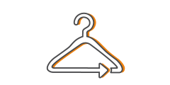 Una semplice grafica di un appendiabiti con una freccia rivolta verso destra, contornata in nero e arancione, su sfondo bianco.