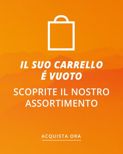Sfondo arancione con un'icona bianca di una borsa della spesa. Il testo recita: "Il tuo carrello è vuoto. Scopri il nostro assortimento. Acquista ora", invitando gli utenti a esplorare e fare acquisti.