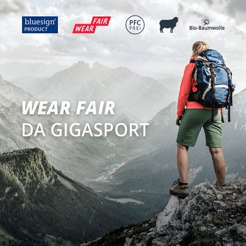 Un escursionista con un grande zaino blu si trova su una scogliera rocciosa e guarda un vasto paesaggio montano. Il testo recita "WEAR FAIR DA GIGASPORT" e negli angoli sono raffigurati loghi per prodotti ecologici.