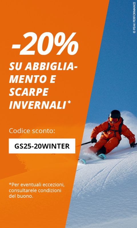 Uno sciatore con un'attrezzatura arancione brillante scende una pista innevata. Il testo offre uno sconto del 20% su abbigliamento e scarpe invernali con il codice "GS25-20WINTER" su sfondo arancione.
