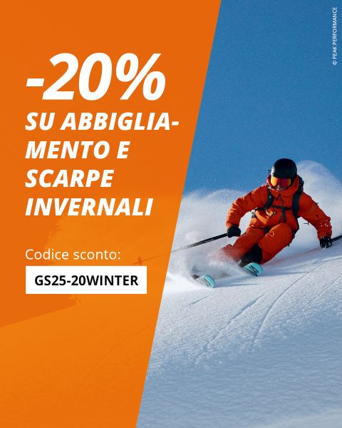 20 % Rabattaktion auf Winterbekleidung und -schuhe; eine Person im orangefarbenen Overall fährt Ski im Schnee. Rabattcode: GS25-20WINTER. Orangefarbener Hintergrund links, Schnee und blauer Himmel rechts.