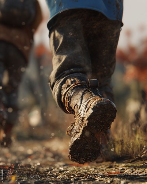 Un primo piano di stivali infangati che camminano su un sentiero sterrato, con un'altra persona sullo sfondo e foglie autunnali intorno.