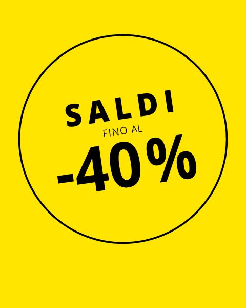 Sfondo giallo con un cerchio nero e testo in grassetto: "SALDI FINO AL -40%", che in italiano significa uno sconto fino al 40%.
