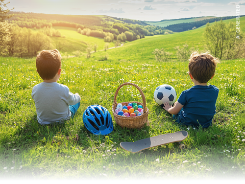Due ragazzi siedono nell'erba di fronte a una pittoresca collina, accanto a loro un cesto di uova colorate, un casco blu, un pallone da calcio e uno skateboard.