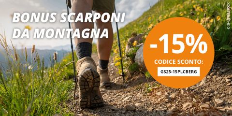 BONUS SCARPONI

Una donna fa trekking su un sentiero di montagna roccioso con cime sullo sfondo. Un cerchio arancione sulla destra indica "-15% codice sconto: GS25-15PLCBERG".