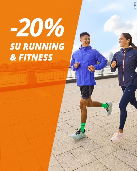 Due persone fanno jogging all'aperto in abbigliamento sportivo. Il testo su arancione recita: "-20% su Corsa & Fitness". Sullo sfondo si vedono un fiume e un paesaggio urbano.