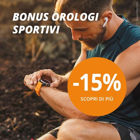 Due persone in abbigliamento sportivo corrono su una scalinata esterna, entrambi indossano orologi sportivi. Un testo in italiano promuove uno sconto del 15% sugli orologi sportivi, con un grande cerchio arancione che evidenzia l'offerta.