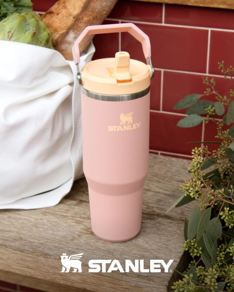 Un bicchiere Stanley rosa con manico è su una superficie di legno accanto a una borsa bianca e piante verdi, con il logo Stanley sul fondo.