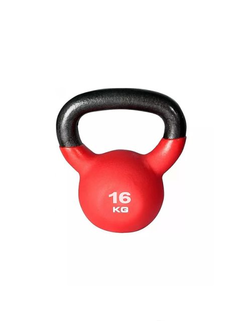 Kettlebell rossa con manico nero e la scritta "16 KG" sul davanti, isolata su sfondo bianco.