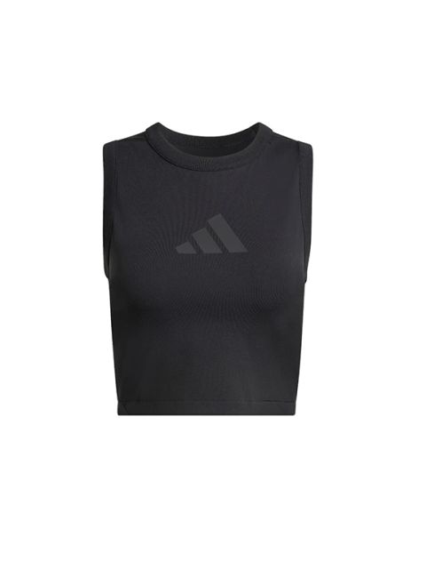 Top corto nero senza maniche con scollo rotondo e discreto logo Adidas sul petto, raffigurato su uno sfondo bianco semplice.